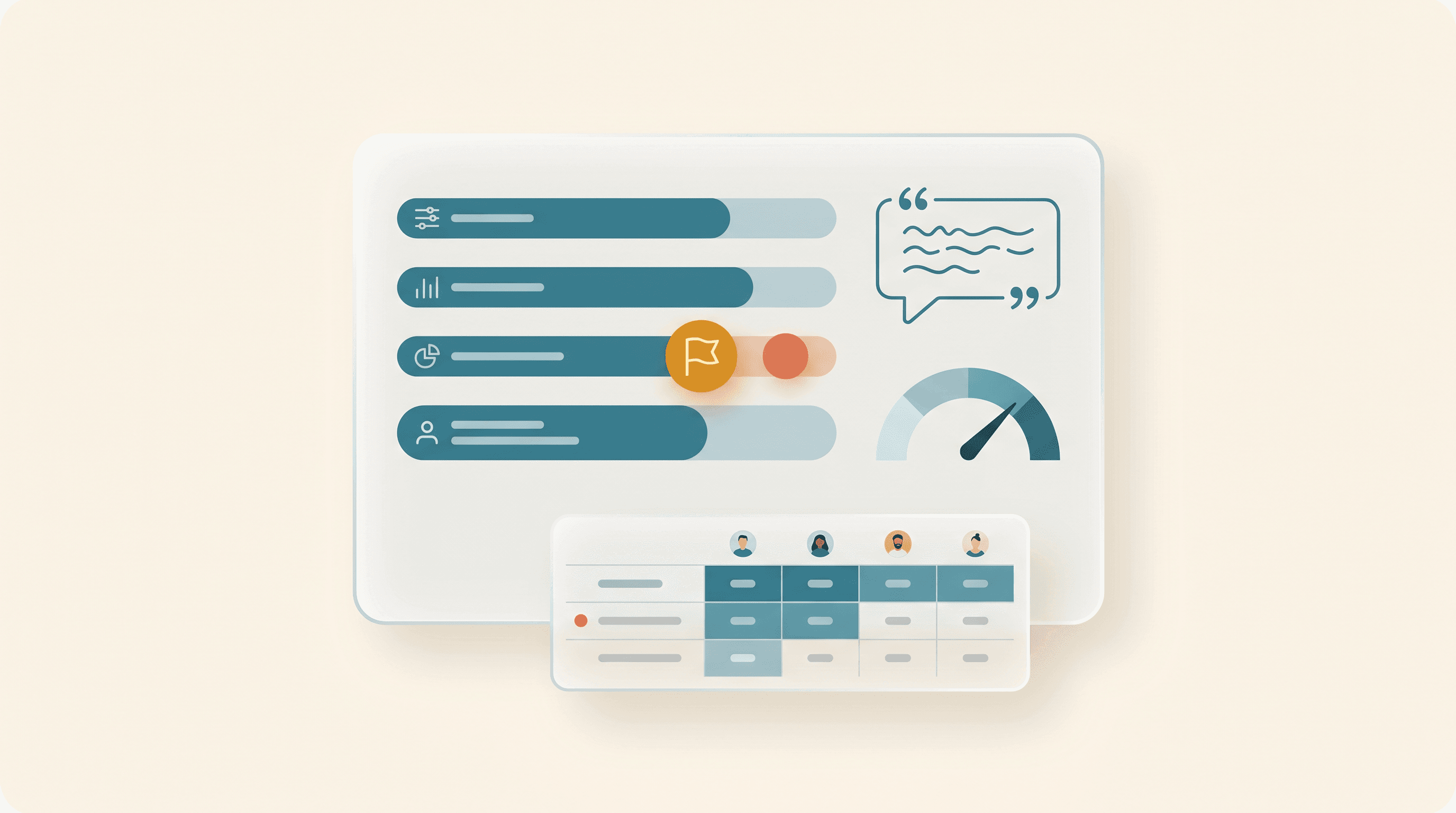 Ilustracja: scorecard kompetencji z cytatem z rozmowy i porównaniem kandydatów